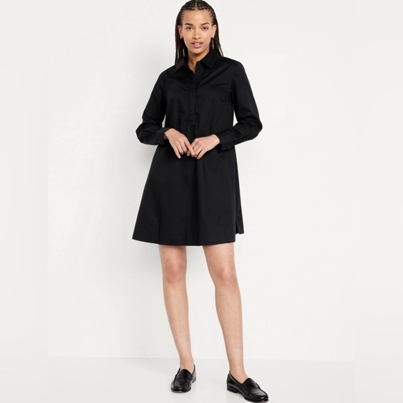 NWT! Old Navy Black Poplin Long Sleeve Mini Shirt Dress - Small 💜 - Picture 1 of 9